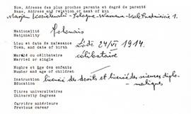 10. Ankieta personalna wypełniona przez Jana Kozielewskiego po przybyciu do Genewy. Jeden z wielu
dokumentów przezeń pisanych, gdzie podaje swoją rzeczywistą datę urodzin 24 czerwca 1914. Taka data widniała także w paszporcie wydanym mu na tę podróż.